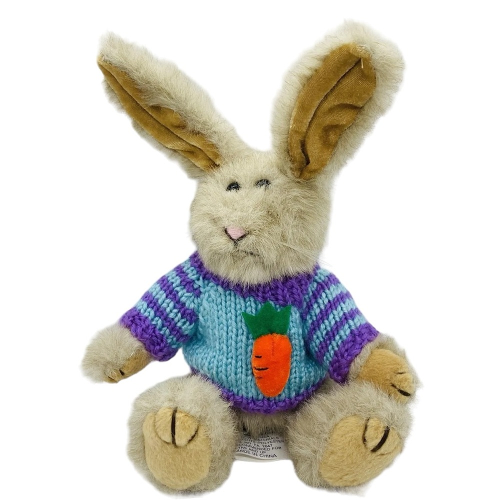 1988 Chrisha Playful Plush Brown Bunny Rabbit Knit Sweater 3D Carrot Easter Vtg